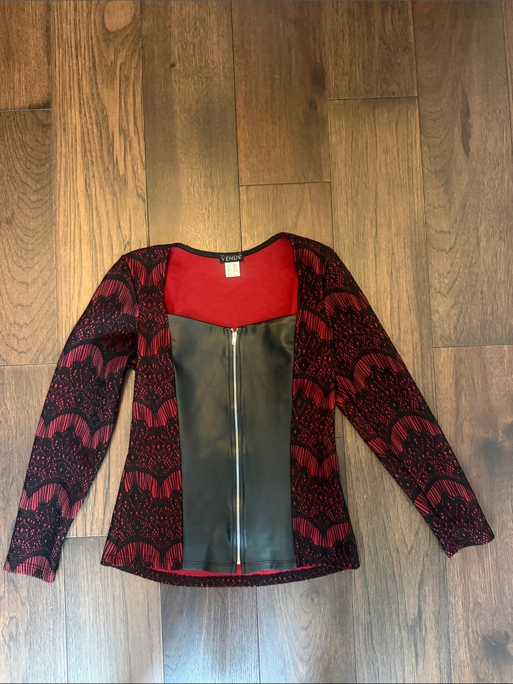 VENUS Red and Black Faux-Leather Front Zip Blazer